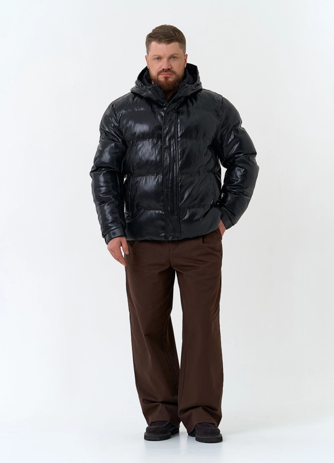 Мужской пуховик из эко кожи с капюшоном модель № 34087 в кредит фото