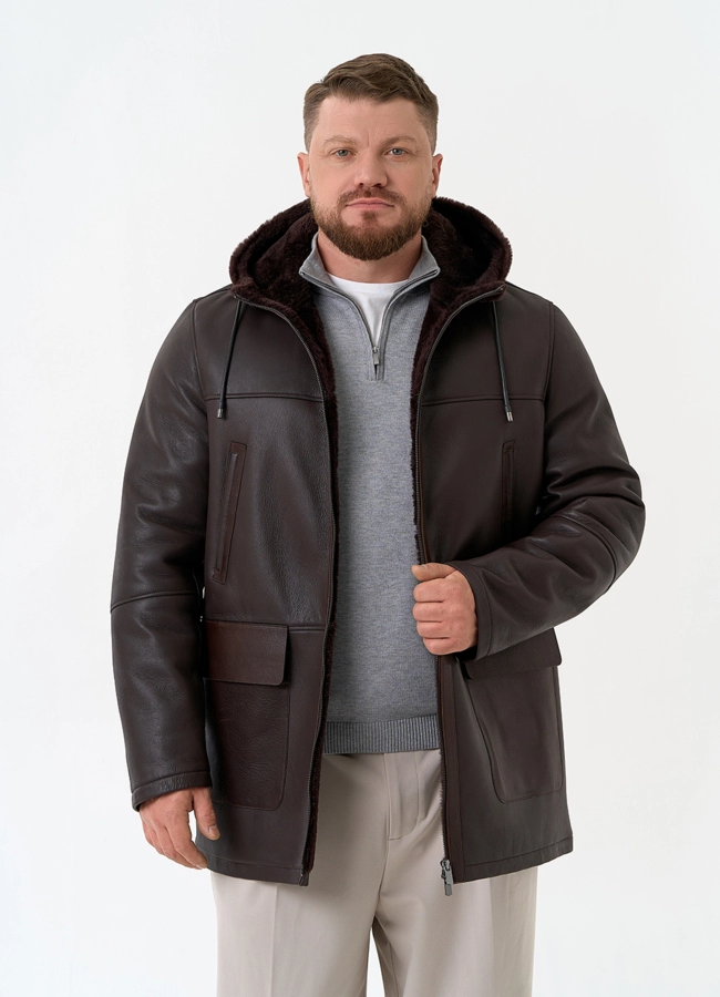 Мужская натуральная дубленка с капюшоном модель № 32059 универмаг малина