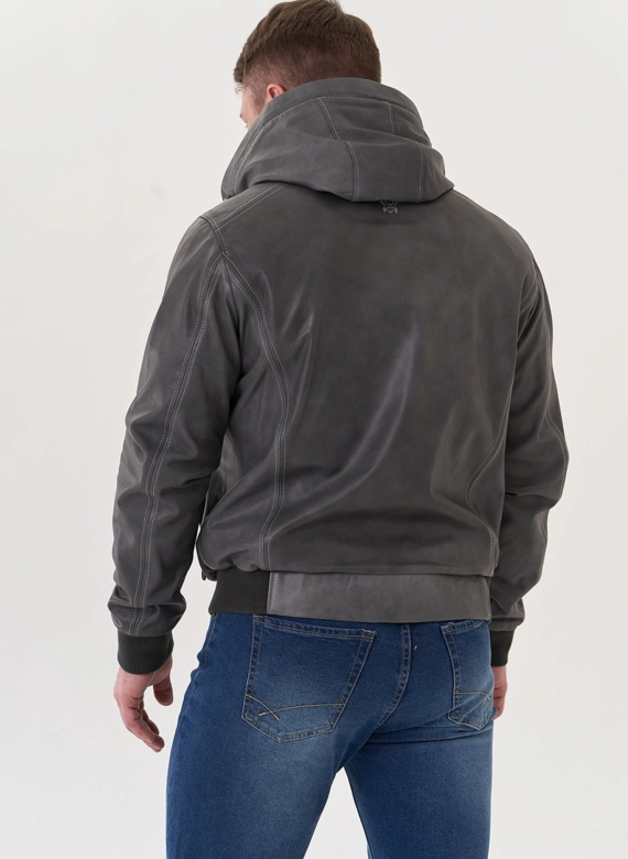 Мужская кожаная куртка "бомбер" с капюшоном фото