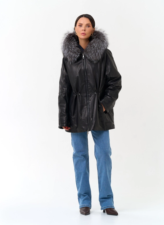 Женский пуховик из натуральной кожи с чернобуркой фото