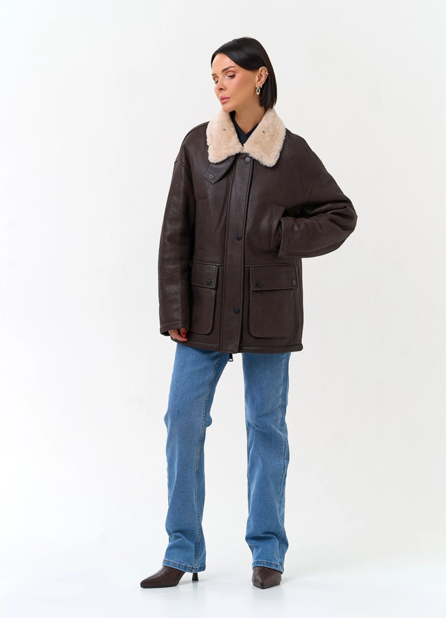 Натуральная дубленка с воротником стойкой модель № 34214 в рассрочку фото
